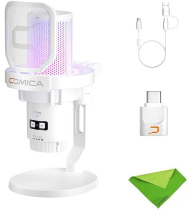 comica EJoy Uni Pro (D)-Microfono bianco per computer e smartphone, microfono da gioco a condensatore cardioide RGB per podcasting, streaming, registrazione, con supporto da tavolo