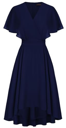 CURLBIUTY Damen V-Ausschnitt Kleid Cape Ärmel Chiffon Kleider Elegant Hochzeitsgäste Kleid Dunkelblau 48