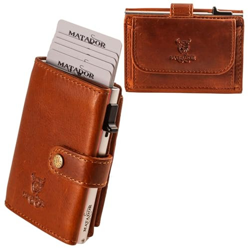 MATADOR Slim Wallet Miami mit XL-Münzfach | Leder Kreditkartenetui mit POP-UP Kartenhalter - mit RFID-Schutz - Mini Portemonnaie – kleine Geldbörse Männer mit Geschenk-Box Vintage Braun