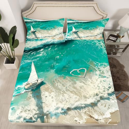 Sea Wave - Set di biancheria da letto per letto matrimoniale, motivo barca a vela, stile hawaiano, vacanze estive, per bambini e adulti, con tasca profonda, 3 pezzi, senza lenzuolo superiore