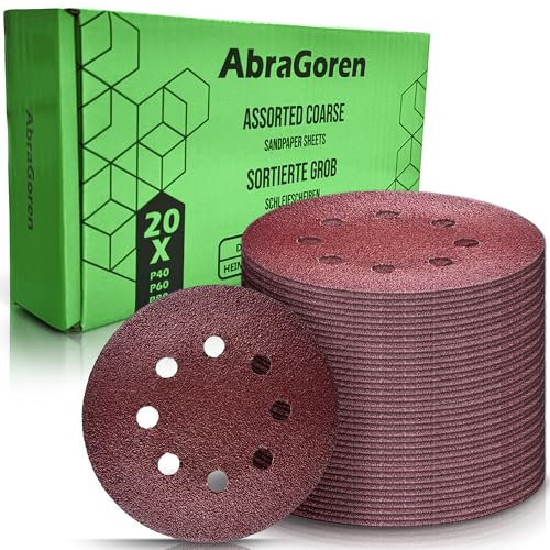 Pack of 60PCS Coarse 125mm Sanding Discs for Orbital Sander - Mixed Grits, 20x 40 Grit, 20x 60 20x 80 Grit - Hook And Loop 8 Hole 5 Inch Circular Sander Pads for Orbital Sander