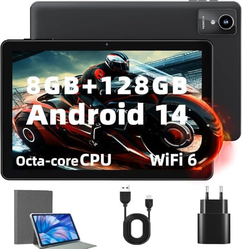 Tableta 2025 de 10 pulgadas Android 14, 8 GB de RAM + 128 GB de ROM + 1 TB de expansión, Octa-Core 2.0 GHz, pantalla IPS HD de 1280 x 800, 6000 mAh, cámara de 5 MP + 8 MP, Bluetooth 5.4/Wi-Fi 5G