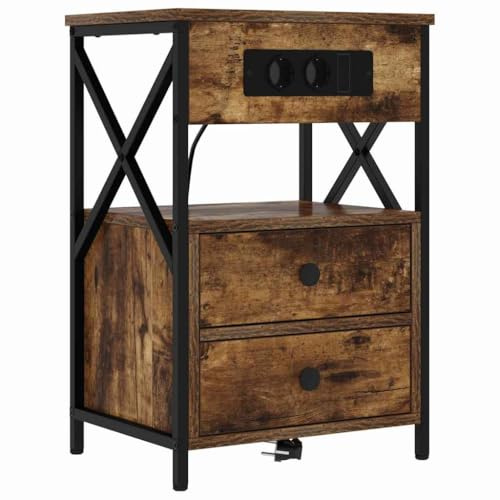 vidaXL Smoked Oak Chest of Drawers Made from Engineered Wood Measures 40 x 31 x 60cm It has a charging station, metal steel frame, drawer and wooden shelves. It is for use int