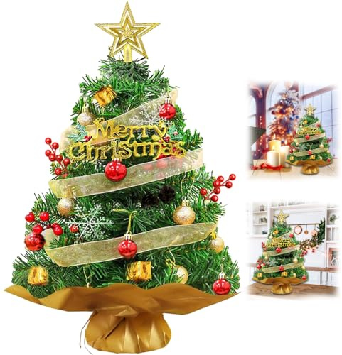 2FT/60CM Mini Christmas Tree Artificial Tabletop Xmas Tree with Hanging Balls and Ornaments for Christmas Decorations (Green)