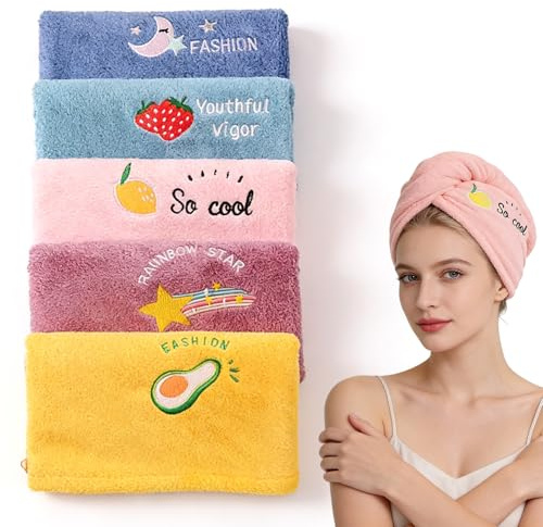 YDAKGUEY 5 stycken mikrofiberhandduk hår, turbanhandduk med knapp, hårturban hårhandduk för långa, korta, lockar, rakt hår (5 färger)