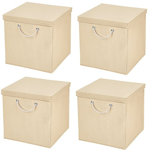 Stick&Shine 4x Aufbewahrungs Korb Creme Faltbox 30 x 30 x 30 cm Regalkorb faltbar mit Kordel und mit Deckel