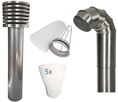 Intelmann Zuluft/Abluft Set für 100er KG-Rohr: Edelstahl Ansaugturm + Filterkorb + 5 Filter + Edelstahl Ausblasbogen