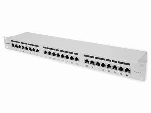 Intellinet 720854 24-Port Cat6a Patchpanel, geschirmt FTP, 1 HE, Klemmleisten mit 90 Grad abgewinkelten Kabeleinführungen, Grau