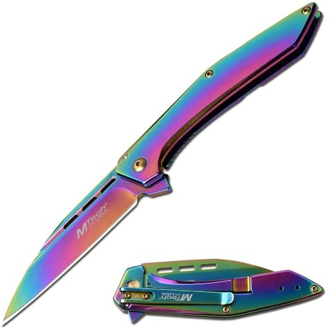 Mtech USA, Klappmesser, MT-1052RB, Klinge: 8.26 cm, rostfreier Edelstahl, polierte Titannitrid Beschichtung, Titannitrid Griff, Taschenmesser, Regenbogen, Messer für: Angeln, Freizeit,Schnitzen