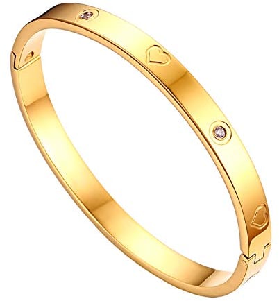 JewelryWe Schmuck Damen Armreif Edelstahl Zirkonia Herz Prägung Armband 6mm breit mit Schließe Armspange Gravur Gold