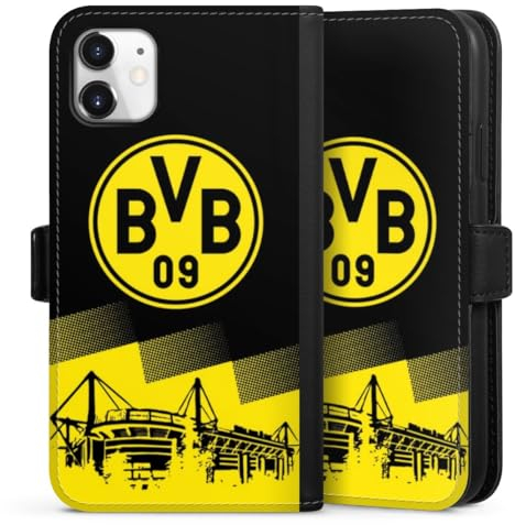 Klapphülle kompatibel mit Apple iPhone 11 Handyhülle aus Kunst Leder schwarz Flip Case BVB Borussia Dortmund Stadion