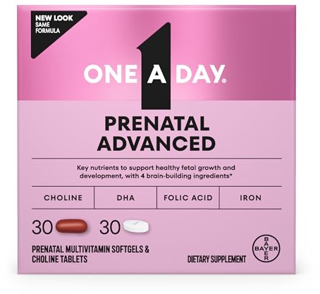 One A Day Prenatal Advanced- Prenatal Vitamins with Folic Acid, Choline, DHA & Iron, Pregnancy Vitamins for Women to Support Baby’s Development, 30+30 Ct (60 Total Set) (Packaging May Vary)