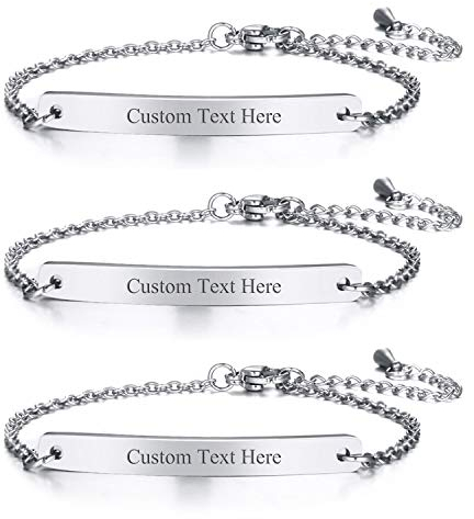 JewelryWe Schmuck 3pcs Armband mit Gravur, Personalisierte Armkette für Herren Damen Edelstahl Einstellbare Knöchel Link Freundschaftsarmband Brautjungfer Geschenke Beste Freunde Armbänder (Silber)