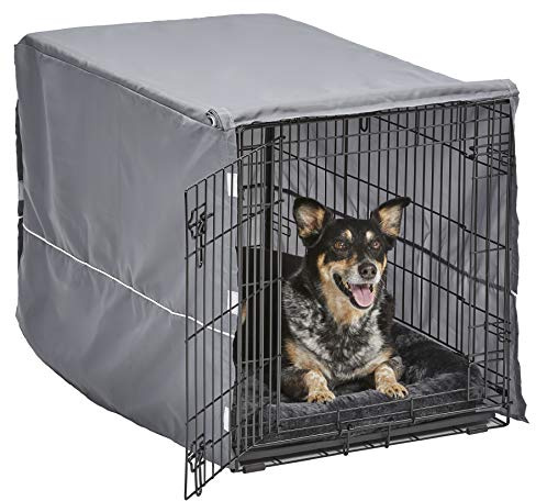 Hundebox-Set, 91 cm, mit Hundebox mit zwei Türen, passendes graues Bett und Boxenabdeckung, für mittelgroße bis große Rassen