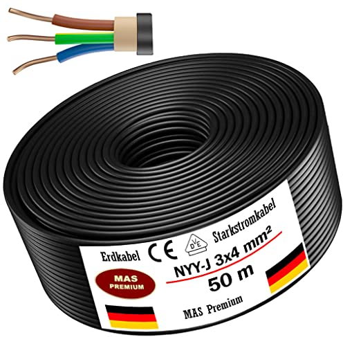 MAS Premium Câble d'alimentation de terre NYY-J 3 x 4 mm² – 50 m, câble électrique en MAS Premium avec anneau en MAS Premium pour pose en extérieur, en sous-sol