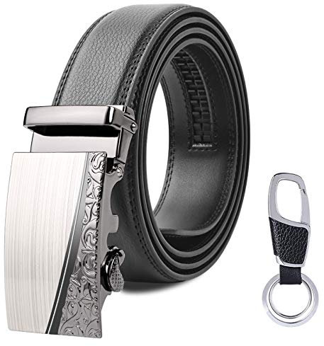 flintronic Herren Gürtel,Hochwertiges Leder material Ratsche Automatik Gürtel für Männer Ledergürtel Breite 3.5cm Länge 147CM-Schwarz (inkl Schlüsselbund & Geschenkbox)