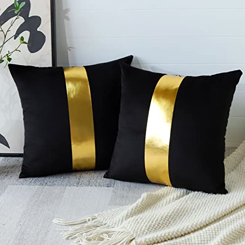 Artscope Schwarzer Samt Kissenbezug mit Luxuriöser Moderne Minimalist Goldenen Ledernähten Dekokissen Kissenhülle Kissen Fall für Sofa Schlafzimmer 45x45cm 2er Set