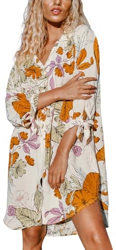 CUPSHE Damen Kleider V Ausschnitt 3/4 Ärmel Blumenmuster Blusenkleid Sommerkleid Strand Bikini Cover Up Hemd Shirt Dress Blumen M