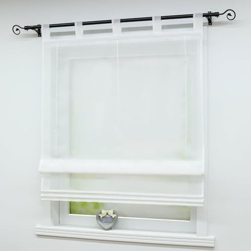 GOLDION 1 Stück Raffrollo mit Schlaufen Gardinen Küche Raffgardinen Transparent Schlaufenrollo Vorhänge Rollos Voile Transparent Vorhang Modern Voile Raffrollo (BxH 60x155cm, Weiß)