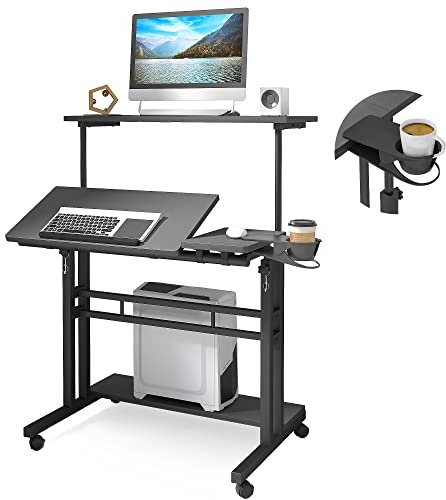 Panta Escritorio de pie móvil, escritorio ajustable para computadora con 3 escritorios, mesa portátil para laptop con soporte para tazas de escritorio, estación de trabajo para computadora portátil