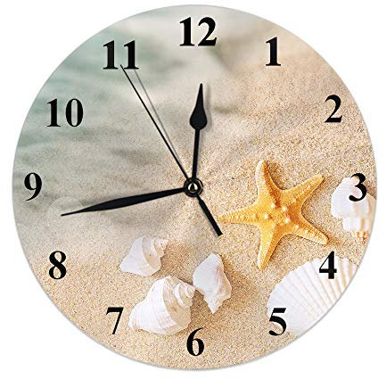 Orologio da parete da spiaggia Conchiglia di sabbia Stella marina Vacanze Oceano Estate Mare Costa Onda Natura Vita Orologi rotondi Decorativi da parete Silenzioso Nessun ticchettio 10 pollici 25 cm P