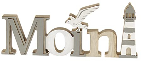 itsisa Holz Schriftzug Moin 28 cm Mit Leuchtturm - Maritim Deko, Strand, Möwe, Schild im Retro Look, Ferienwohnung Meer