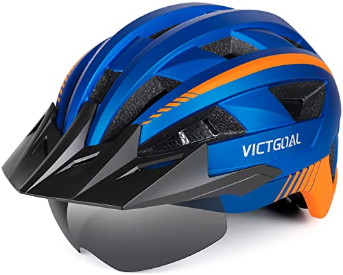 VICTGOAL Casco Bici per Uomini e Donne con luce LED Occhiali Magnetici Staccabili Visiera Rimovibile Caschi da Mountain Bike e Strada Dimensione Regolabile per Adulti (XL: 59-63cm, Blu)