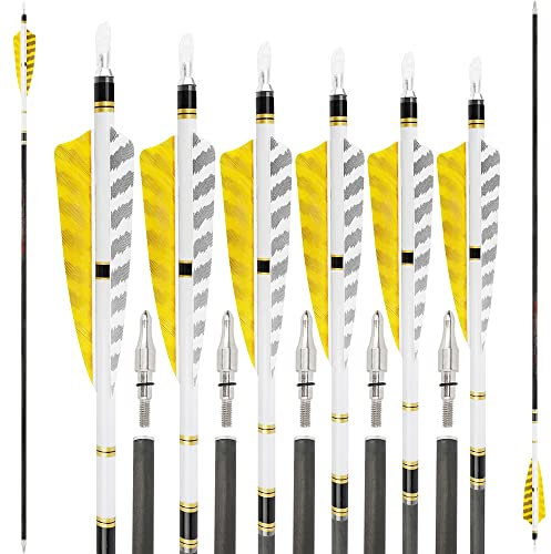 SHARROW 6/12P 100% Reines Carbon Pfeile 32 Zoll Pfeile für Bogenschießen Spine 250-600 Zielbogenschießen Jagdpfeile mit 4 Zoll Natürlich Federn Pfeile für Recurvebogen Compoundbogen (Sp 350, 6Pcs)