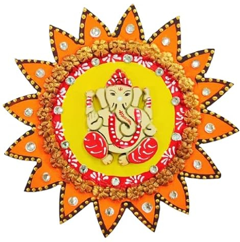 Colorful Ganesha Wall Hanging Wooden with Sun Statue Sculpture Idol Indian wall Decor Antique Ganpati Under Statue for Home, Entrance, temple decor and diwali gifting Puja Decorations (Size :-5)