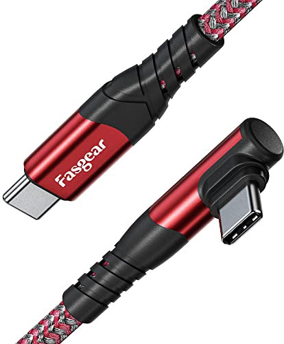 Fasgear USB C to USB C cable, 3m 60W Type C to Type C Right Angle 90 Degree, PD Fast Charging Charger Lead Compatible for Galaxy S22 S21 S20 Mac-Book i-Pad Pro i-Pad Air (10ft, Red)