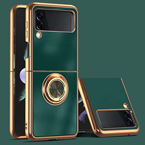 EYZUTAK Electroplated Magnetic Ring Holder Case, 360 Degree with Rotation Metal Finger Ring Holder Magnet Car Holder Soft Silicone Shockproof Cover for Samsung Galaxy Z Flip 4 5G - Dark Green