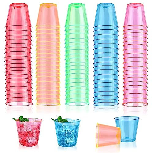 Shotgläser, 35ml 100 Stück Wiederverwendbare Shotgläse, Plastik Schnapsgläser, Schnapsbecher, Trinkbecher Transparent, Partybecher, Hartplastik Neon Partybecher für Verkostung, Partys, Geburtstage