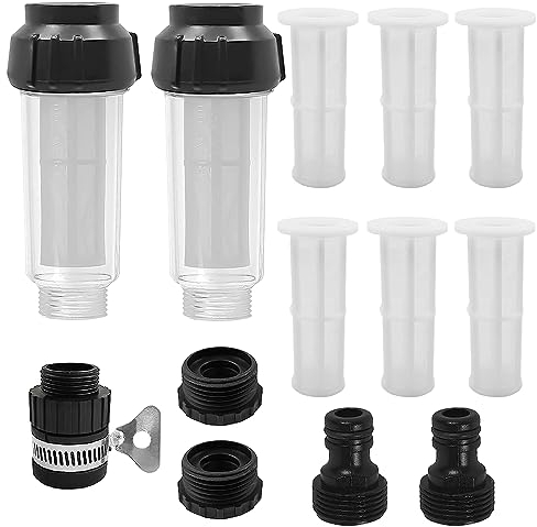 MOERAE Wasserfilter Gartenschlauch Set, 2 Stück 3/4 Zoll Wasser Vorfilter Wasserfilter mit 6 Filtereinsatz und 5 Schnelladapter, für Hochdruckreiniger Gartenbewässerung Gartenpumpe Wohnmobil Haushalt