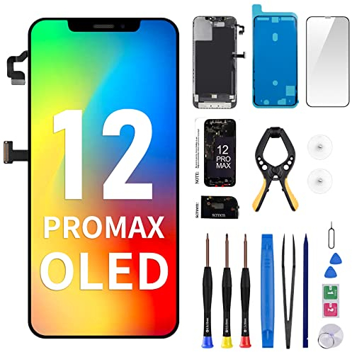 [OLED] for iPhone 12 Pro Max Screen Replacement 6.7 with Ear Speaker Proximity Sensor OLED Touch Display Digitizer Full Assembly with Repair Kits Waterproof Tools 12ProMax for A2342 A2410 A2411 A2412