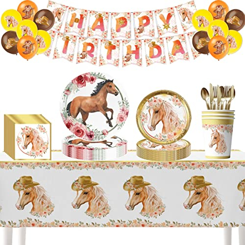 PIUMOJ Vaisselle de Fête Cheval - Assiettes, Tasses, Serviettes pour Anniversaire - Décoration pour Enfant, 10 Invités