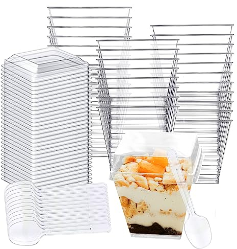 30 Pcs Plastic Dessert Cups with Lids Spoons, 5 oz/150 ml Reusable Square Cheesecake Bowls, Clear Parfait Appetizer Cup, Dessert Cup Set for Dessert Pudding Mousse Ice Iream