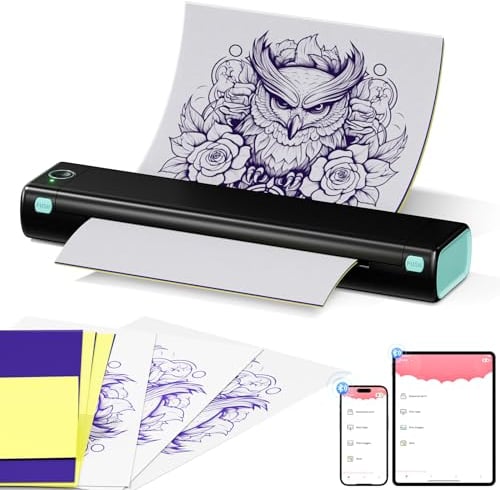 Itari M08F Tattoo Drucker, Thermodrucker Tattoo für A4 Papier mit 10pcs Tattoo Papier, Tattoo Printer Tattoo Stencil Drucker Bluetooth mit IPad & Phone & PC, Schwarz Grün