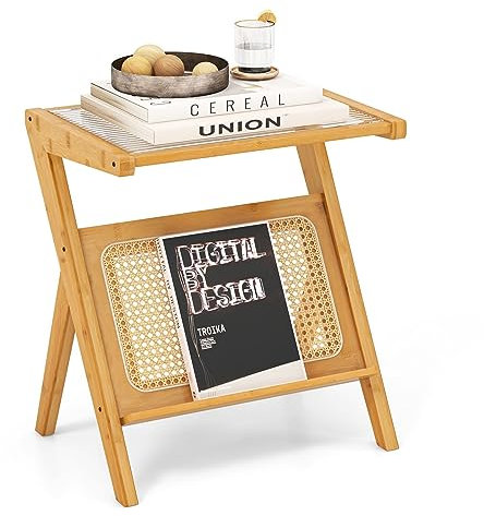 CASART Bamboo End Table, Rattan Side Table Accent Night Stand with Tempered Glass Top & Magazine Rack, Boho Z-shaped Coffee Table for Living Room Bedroom Study (A-shaped Legs, Natural)