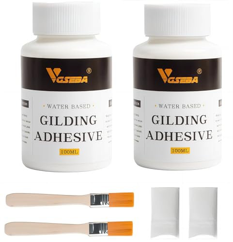 VGSEBA Gold Leaf Glue, 200ml Gilding Adhesive, Epoxy Resin Water Based Gold Leaf Glue for Craft, Arts, Wood Use (200ml + 2 Brushes +2 Gloves)