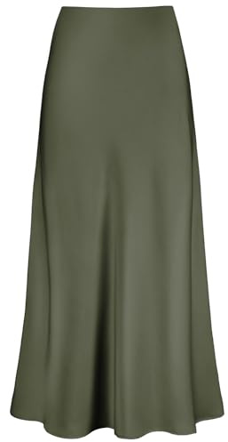 Outoshe Women's Satin High Waisted Maxi Skirts Hidden Elasticized Waistband A Line Long Skirt, Army Green, XL