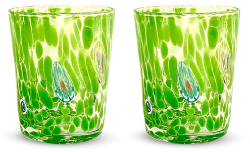 Gocce di Murano Un vaso de lluvia arco iris de cristal de Murano soplado 300 ml hecho a mano colorido paquete 2 copas de agua elegante y precioso (verde, 2)
