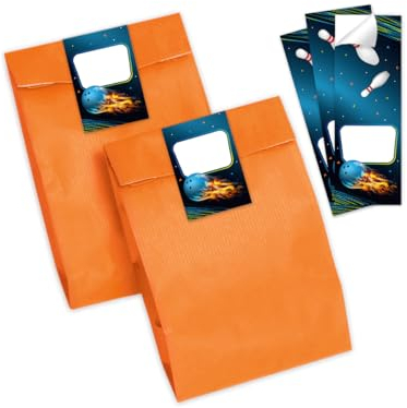 Minkocards 12 Geschenktüten (orange) + 12 Aufkleber Bowlling Kegeln Bowling-Party Geschenktüten für Mitgebsel Gastgeschenk einpacken beim Kindergeburtstag Mädchengeburtstag Jungsgeburtstag