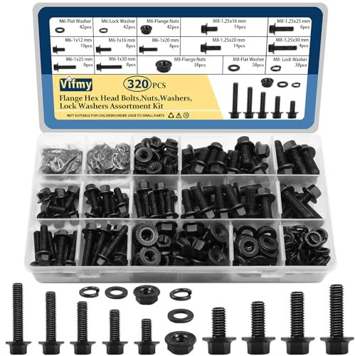 Vifmy 320 Piece M6-1.0 and M8-1.25 Flange Hex Head Screw Bolts Assortment Kit with Serrated Flange Nuts,Washers & Lock Spring Washers,Class 10.9 Alloy Steel Black Oxide Finish Plated