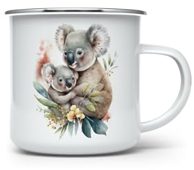 MAXIKIWI - Tasse à café ou thé en émail durable pour intérieur et extérieur – Aquarelle maman et bébé koala – 350 ml