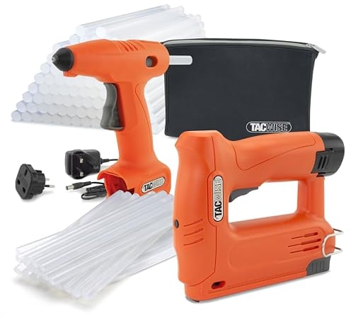 Tacwise 1777 Set con Grapadora/Clavadora 53-13EL de 12V, Pistola de Pegamento H12-12 de 12V, Batería de Iones de Litio Intercambiable de 12V, 10 Barras de Pegamento y Bolsa de Neopreno