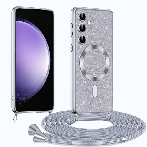 Phoona Coque pour Samsung Galaxy S23 FE 5G avec Cordon, Etui à Paillettes Compatible avec MagSafe, Antichoc Protection Coque pour Magnétique avec Réglable Collier, Argenté