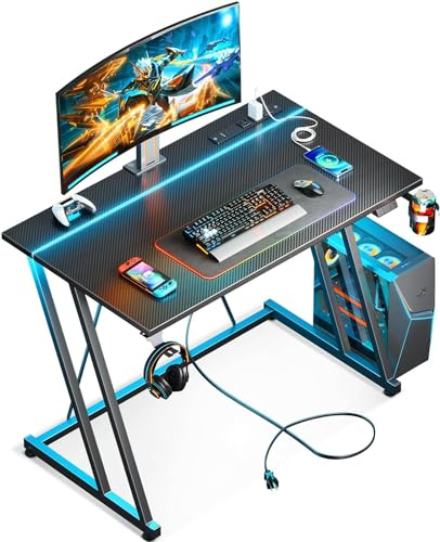 ODK Scrivania Gaming con Luci a LED e Presa di Corrente, Postazione Gaming con Portabicchieri e Gancio per Cuffie, Scrivania Computer con Design a Doppia Z Fibra di Carbonio Nera 80 cm