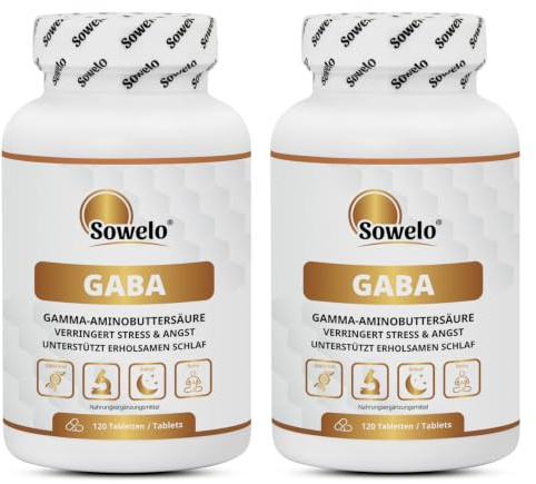 GABA 750 mg/Tablette, hochdosiert, 2 x 120 Tabletten, Sowelo | 240 Tage Vorrat – Gamma-Aminobuttersäure als klare Einzelsubstanz – 1 Tablette täglich – EU-Herstellung