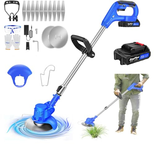 Akku Rasentrimmer 21V Rasentrimmer mit Bürstenlosem Motor, Elektro-Trimmer Garten Rasen Unkraut Trimmer Gartenkantenfräser für Garten, Hof, 1500mAH Batterien und Metall Messer