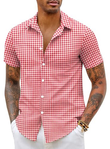 COOFANDY Mens Shirts Short Sleeve Shirts Casual Shirts Plaid Shirts Summer Shirt Slim Fit Checked Shirts Button Down Shirts Office Shirts Work Shirts Plaid-Red L